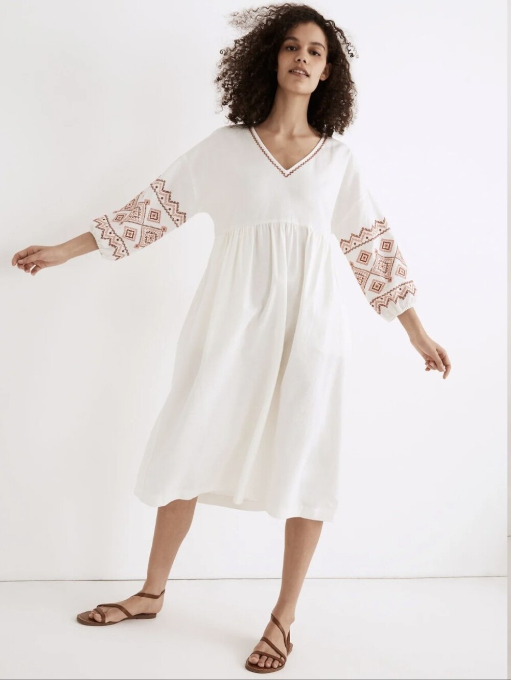 Embroidered-Sleeve Popover Midi Dress Sz S